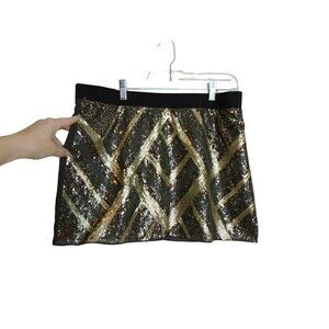 Authentic Icon Black Gold Sequin Mini Skirt Elastic Waist Back Zipper Sz M